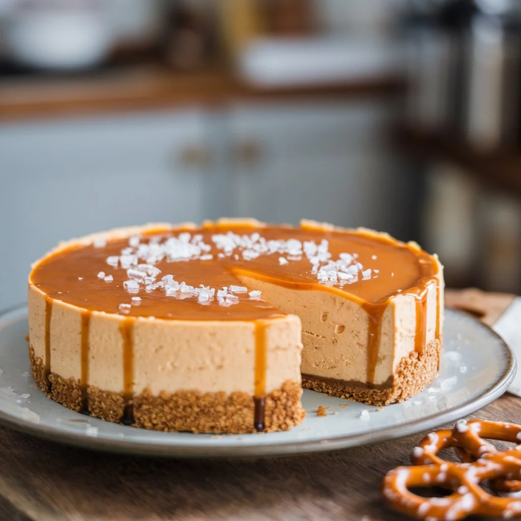 A photo of a salted caramel cheesecake with a graham cracker crust.