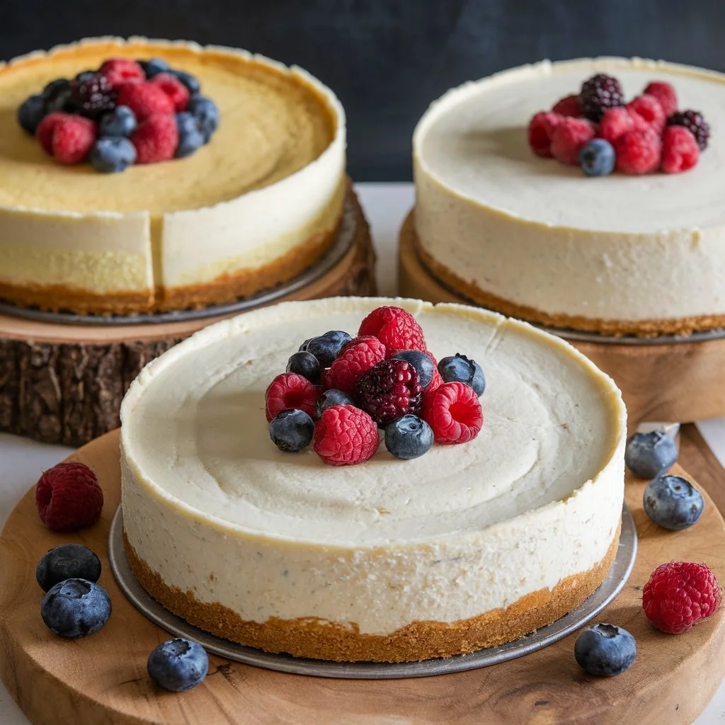 New York Cheesecake: Rich and Creamy and No-Bake Cheesecake: Light and Easy and Ricotta Cheesecake: Rustic and Tangy.