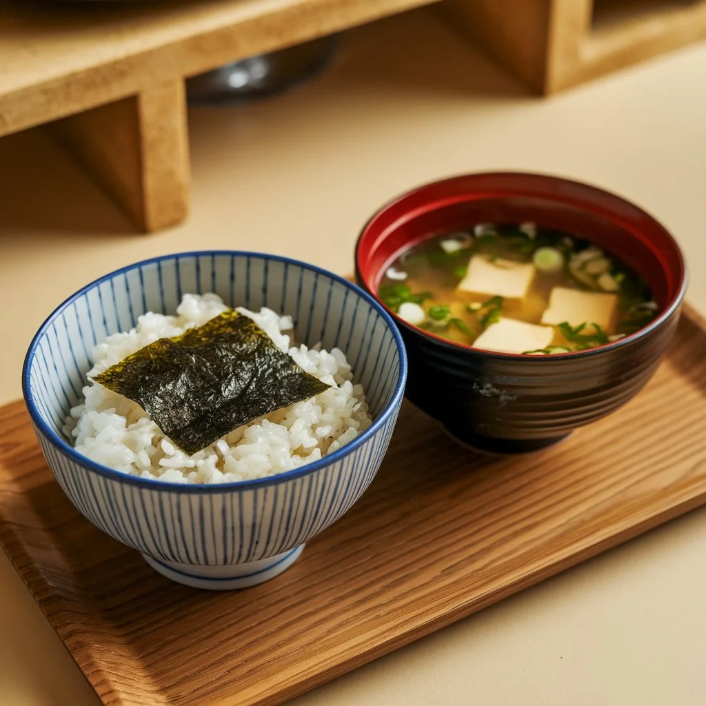 A photo of a bowl of steamed rice topped with a piece of nori seaweed, served alongside a bowl of miso soup.