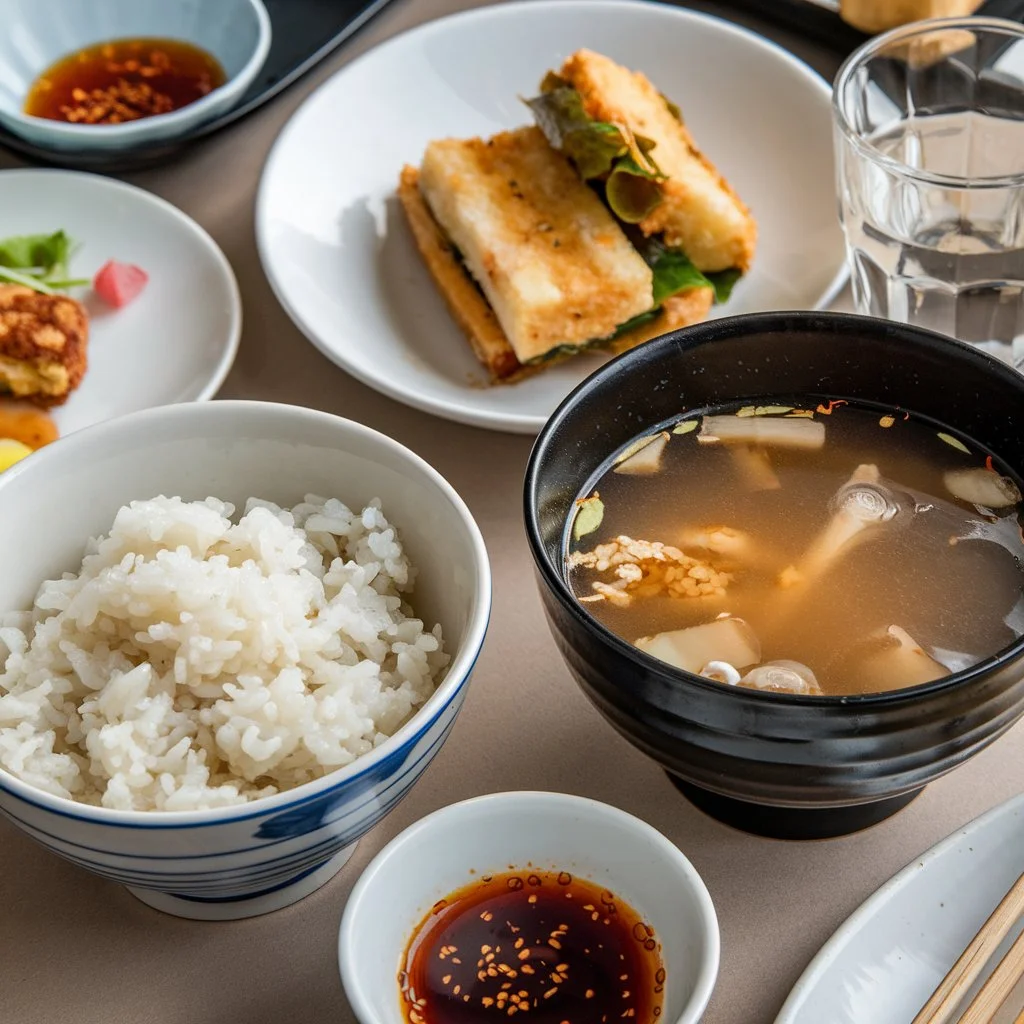 A photo of various Asian breakfast dishes.