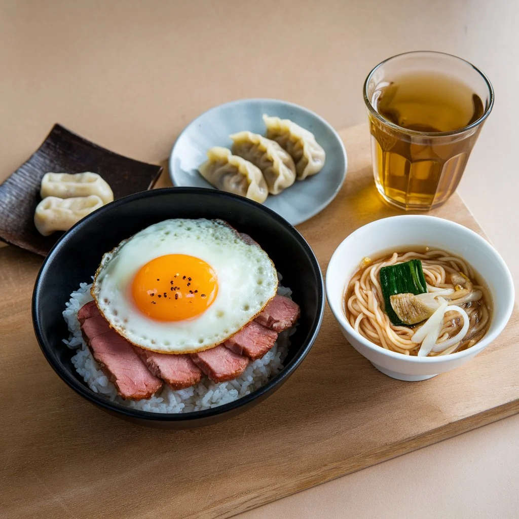 A photo of various Asian breakfast dishes.