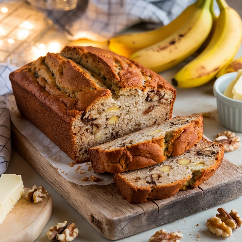 A freshly baked loaf of banana bread placed on a rustic wooden cutting board