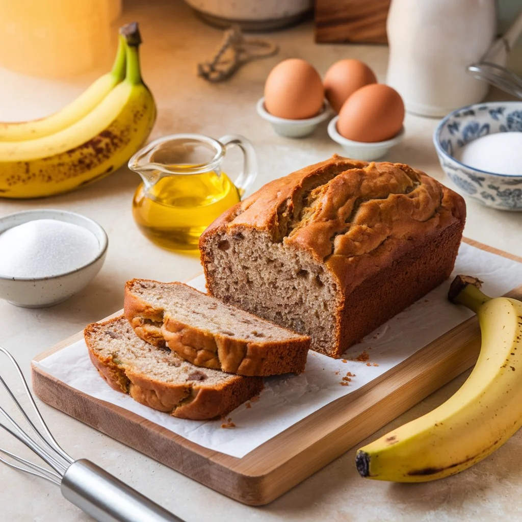 A beautifully styled kitchen scene showcasing a freshly baked loaf of banana bread made with oil.