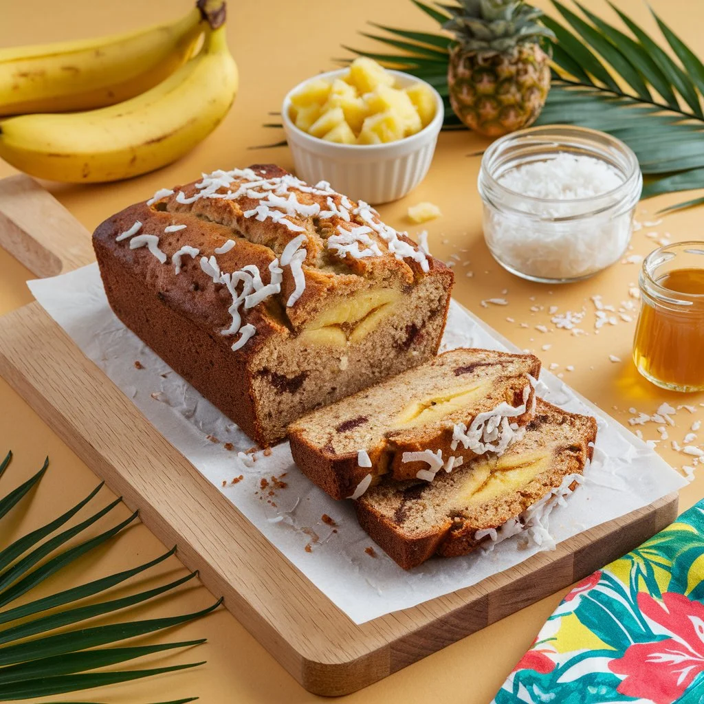 A vibrant kitchen scene featuring a loaf of Hawaiian banana bread on a wooden cutting board