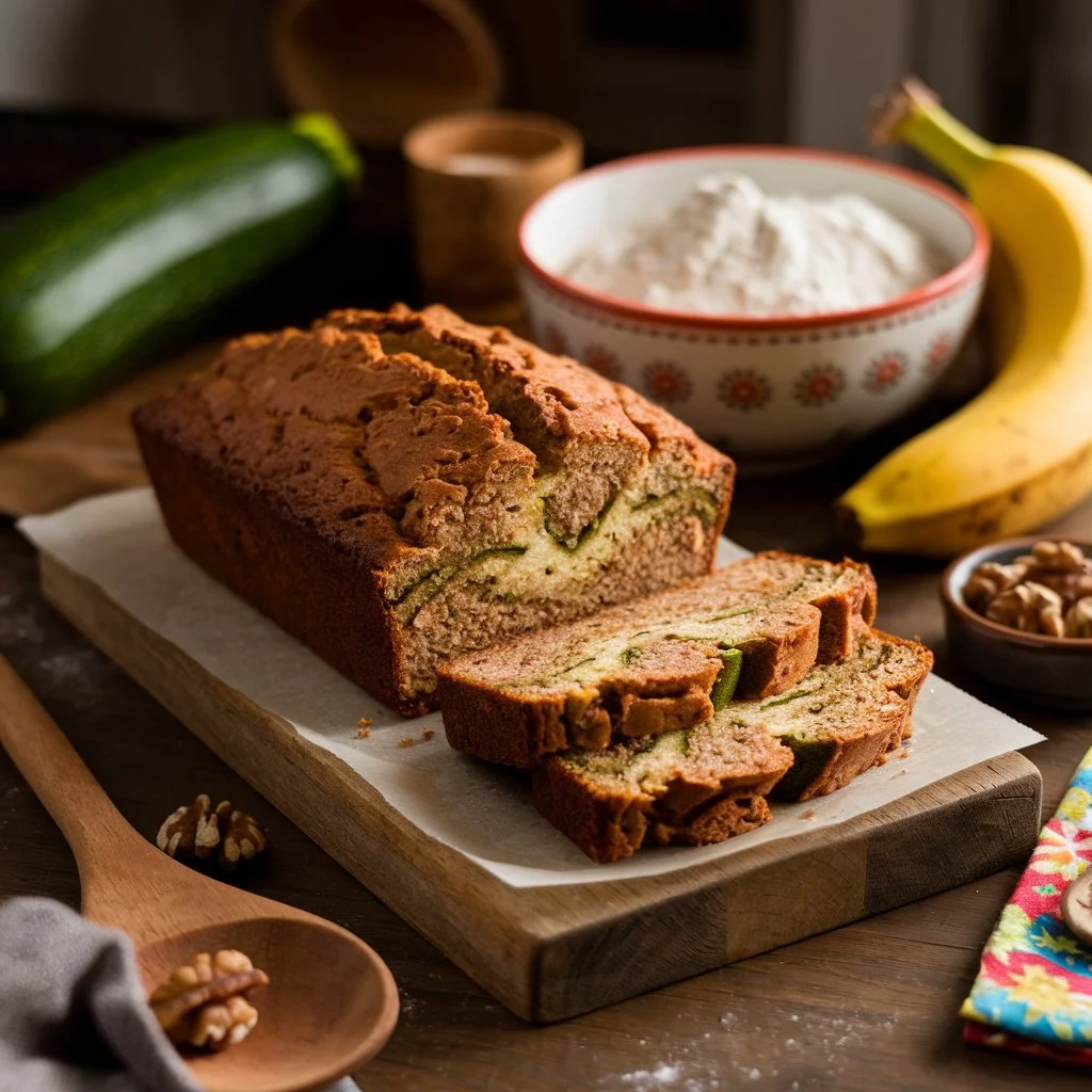 A fresh loaf of zucchini banana bread placed on a rustic wooden cutting board