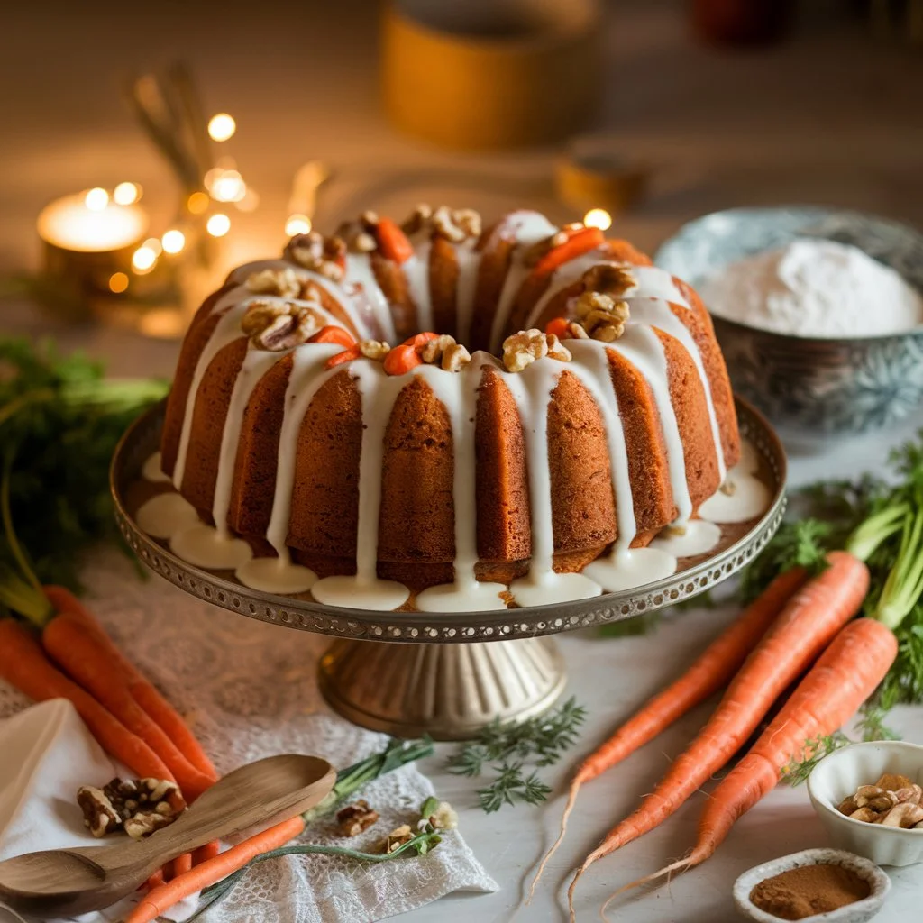 A beautifully baked carrot bundt cake with a golden-brown crust