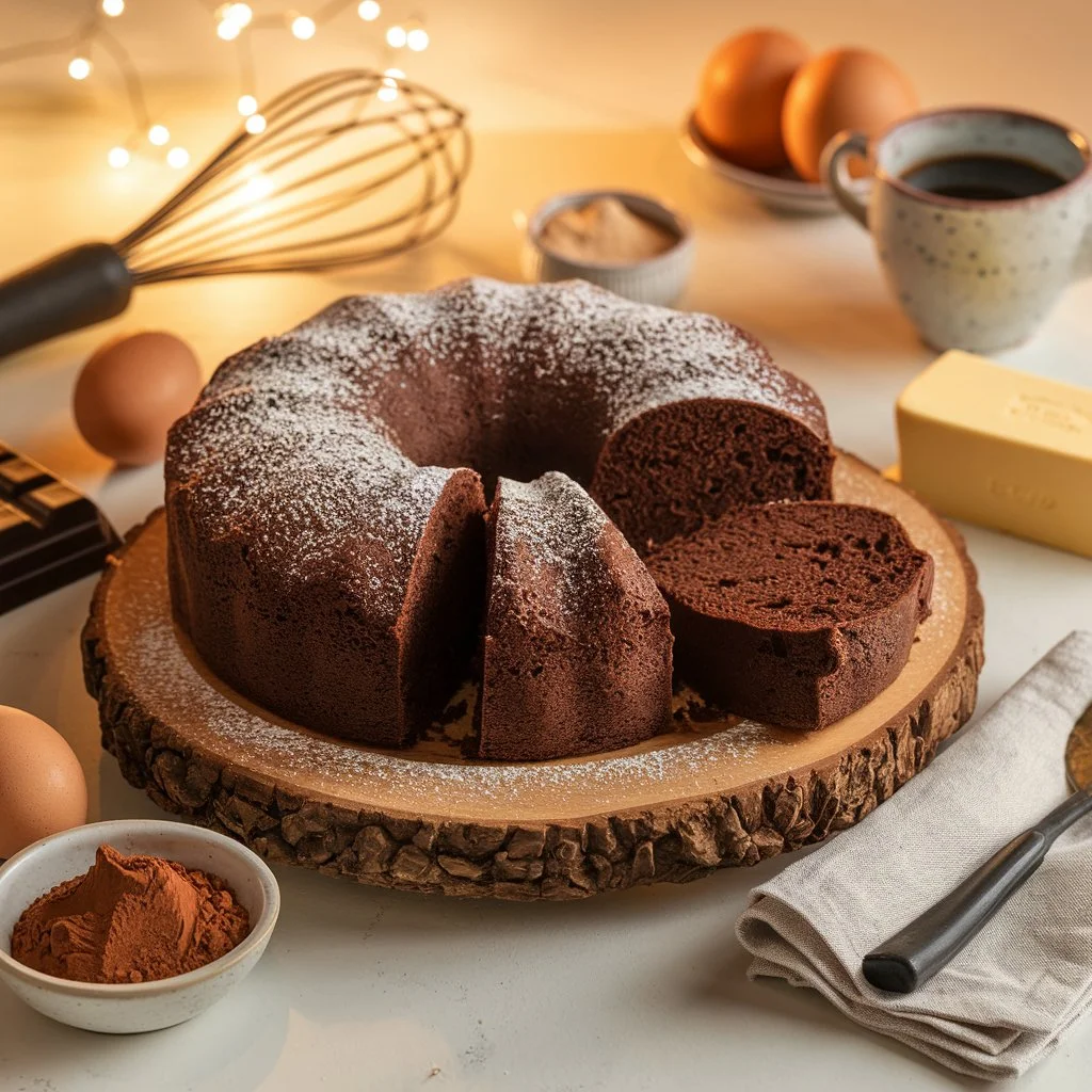 A rich and moist chocolate pound cake on a wooden serving platter