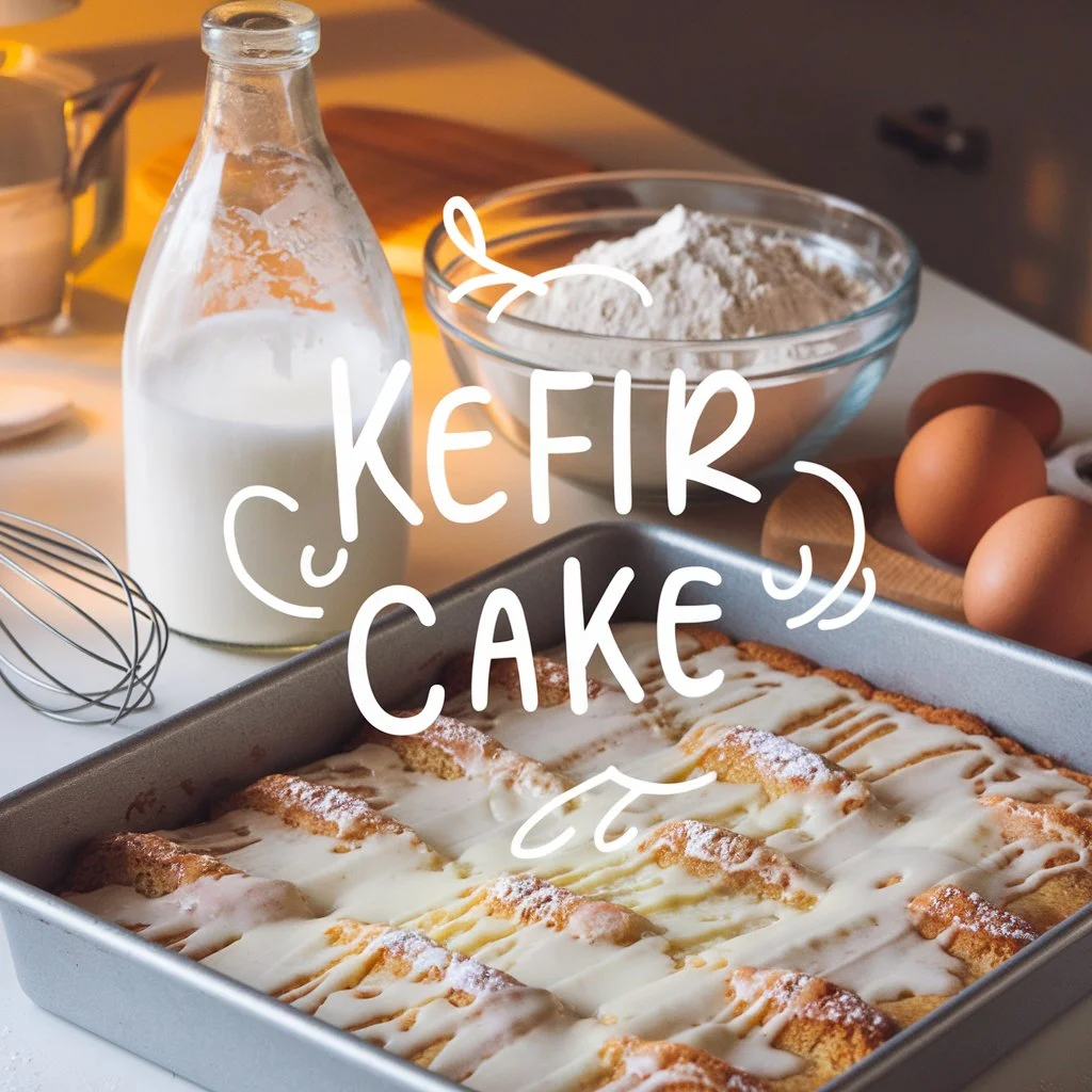 A charming recipe card layout featuring a kefir sheet cake