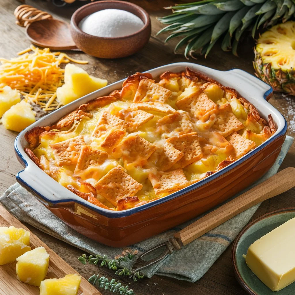 A golden-brown pineapple casserole baked in a ceramic dish