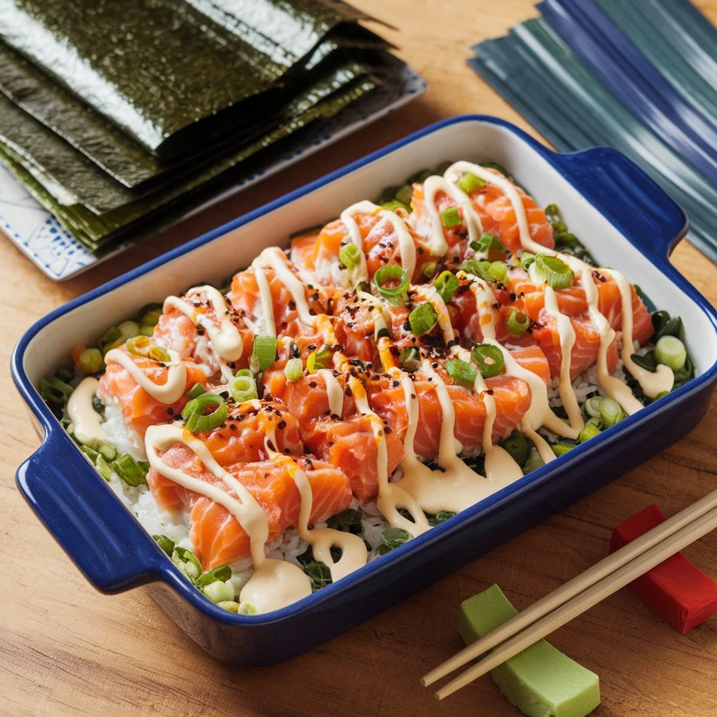 A vibrant and delicious Sushi Bake dish presented on a wooden table.