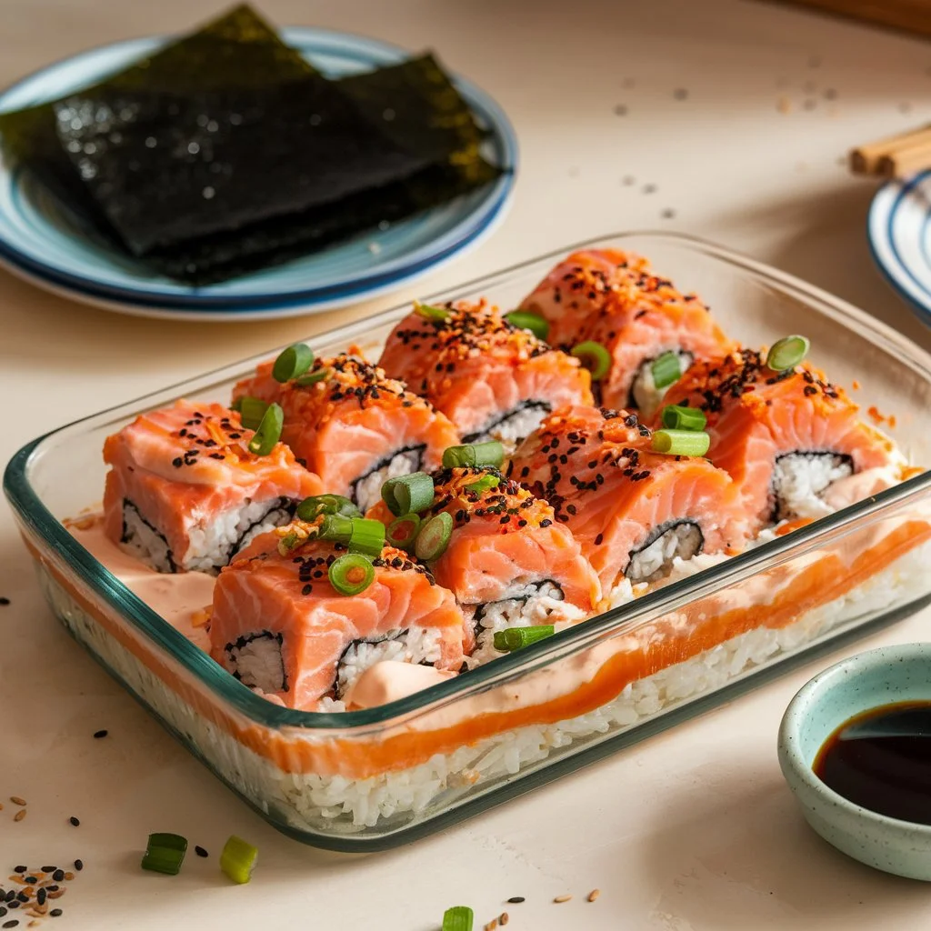 An easy-to-make salmon sushi bake displayed in a casual