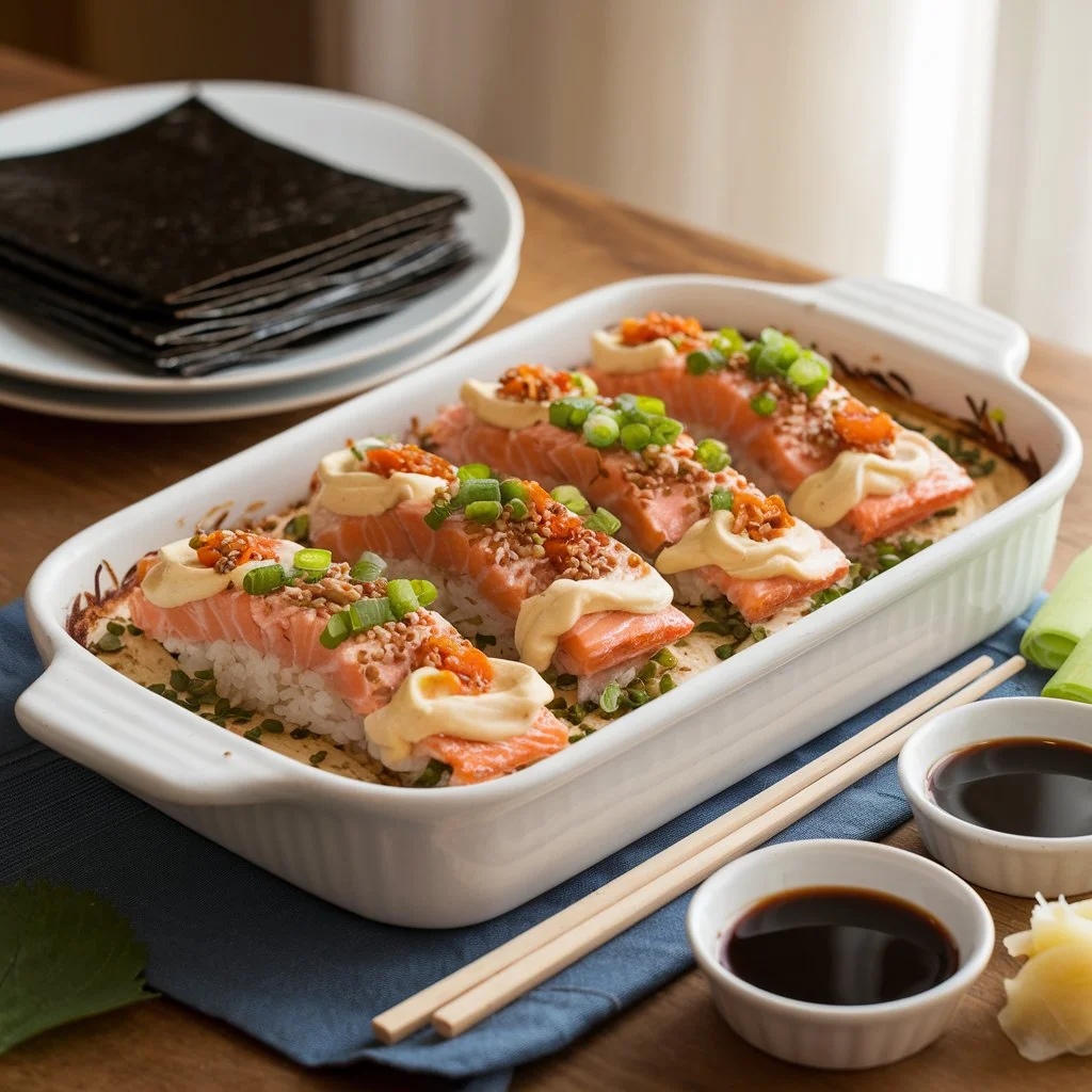 A delicious and inviting salmon sushi bake