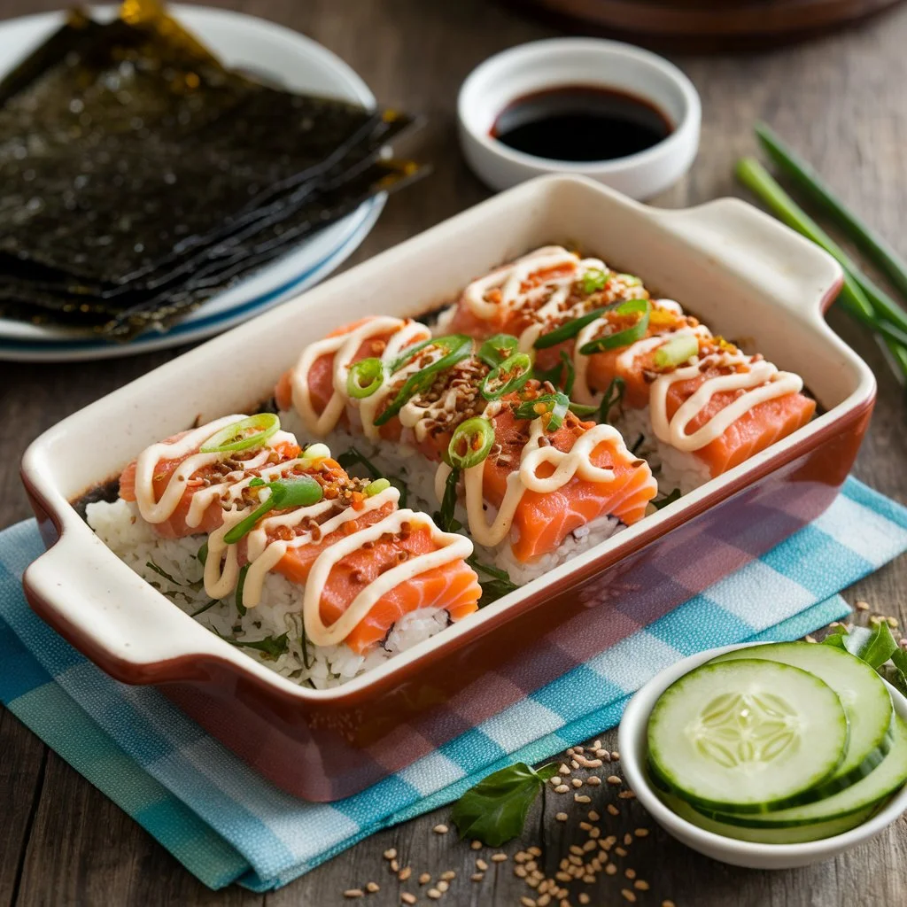 A healthy and flavorful salmon sushi bake