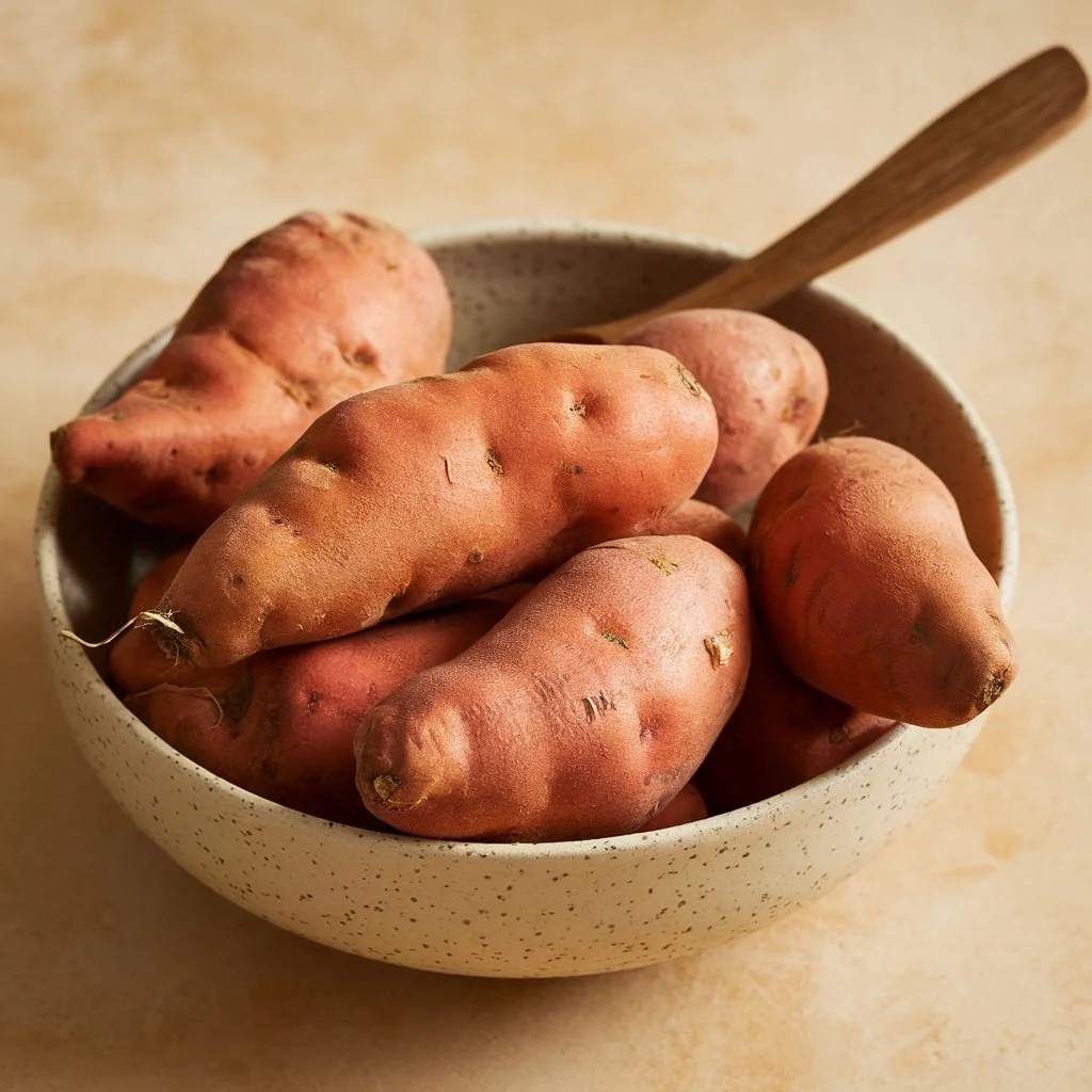 A photo of a beige bowl filled with orange sweet potatoes.