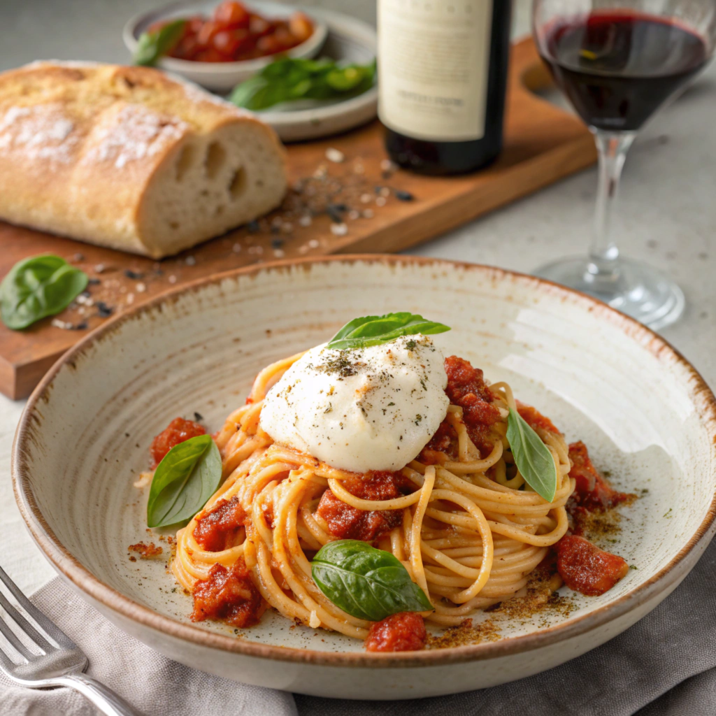 shot of burrata pasta on a rustic plate