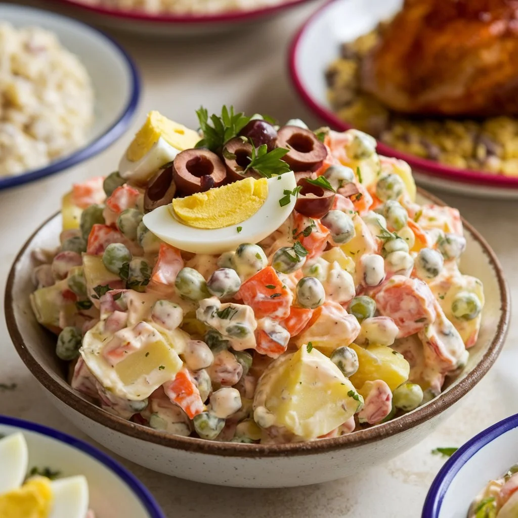 A vibrant, phone-captured shot of Dominican potato salad