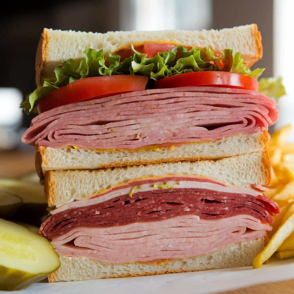 A casual shot of a hearty ham, salami, and turkey sandwich.