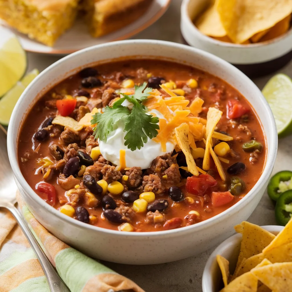 A cozy, casual shot of a warm bowl of taco soup