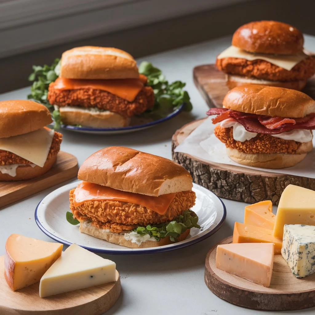 A cozy kitchen table scene, featuring a variety of chicken sandwiches paired with different cheeses.