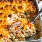 A casual shot of a Rice-a-Roni chicken casserole fresh out of the oven.