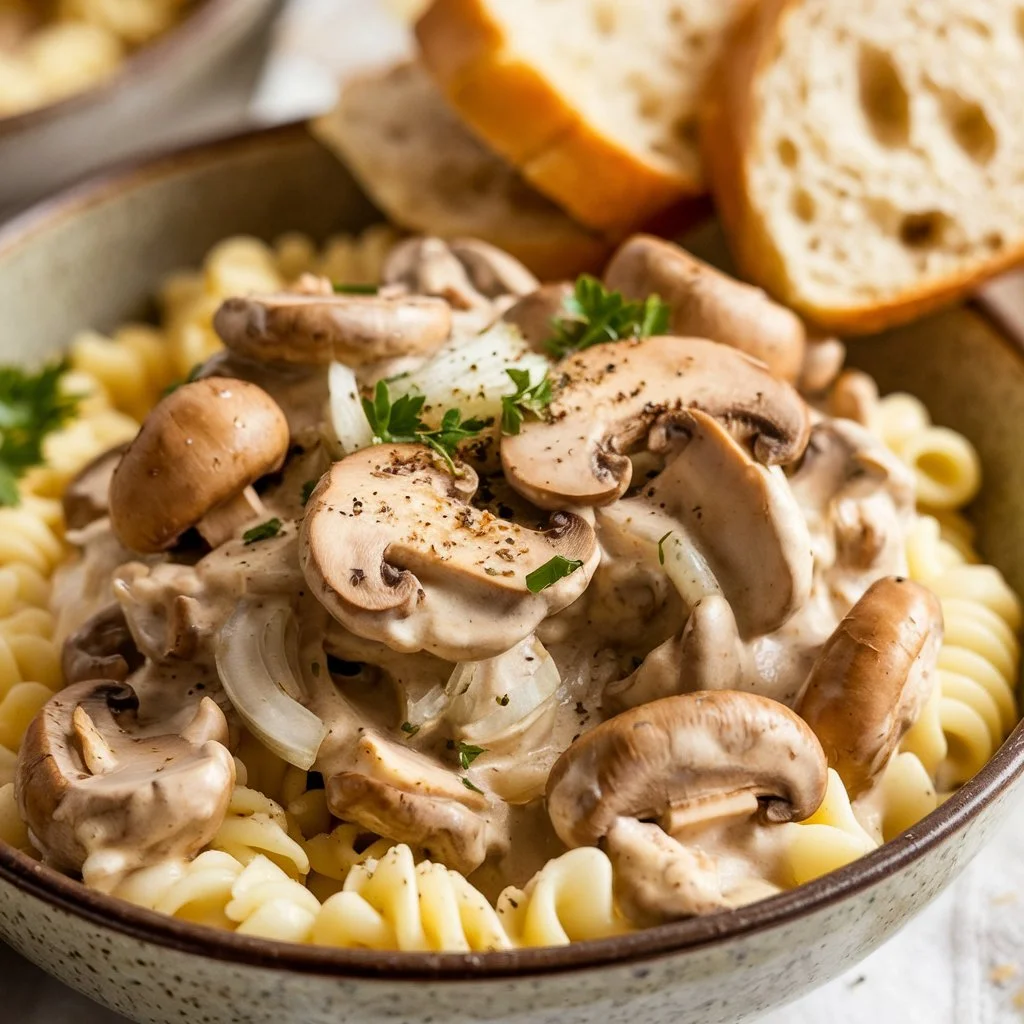 A cozy shot of vegan mushroom stroganoff.