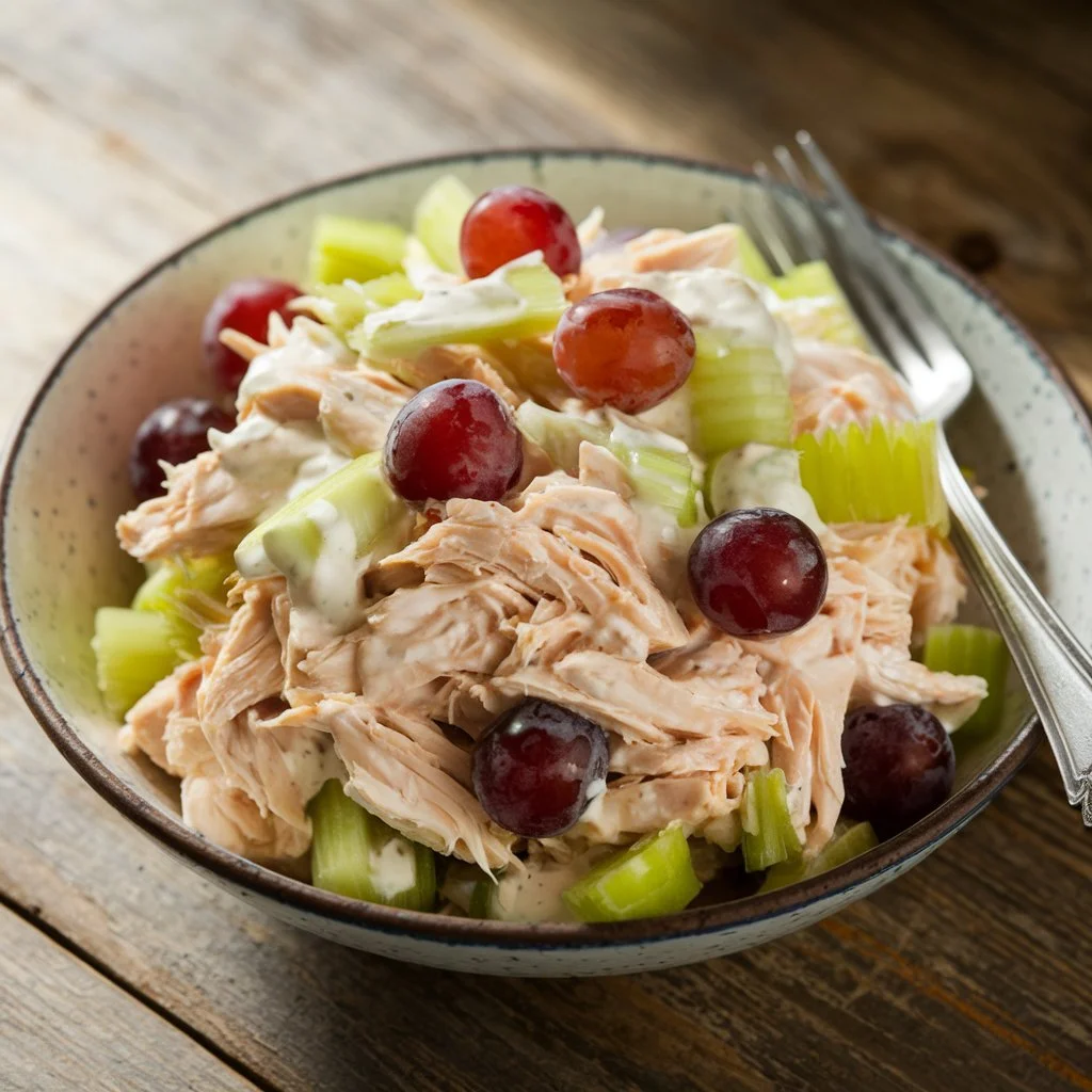 A simple shot of a 4-ingredient chicken salad.