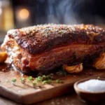 Slow-roasted beef belly with crispy fat on a rustic cutting board.